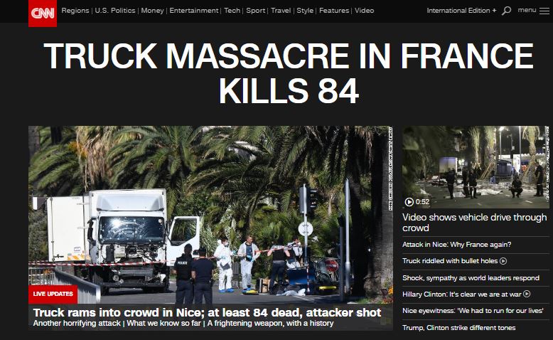 Il sito della CNN riporta la notizia dell'attacco a Nizza