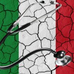Sistema sanitario nazionale, nell'immagine la bandiera italiana rappresentata come un muro in pezzi e davanti uno stetoscopio