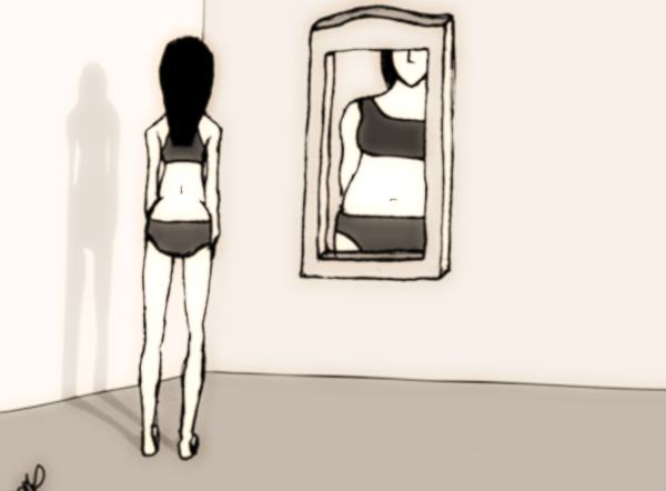 Disturbi dell'alimentazione, il disegno di una bambina che si specchia e si vede grassa