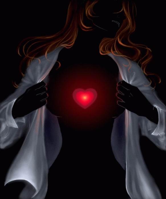 Malattie cardiovascolari. Vettore di donna con cuore disegnato su sfondo nero