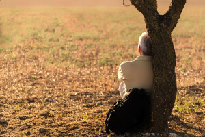 Alzheimer,demenze, un uomo di spalle seduto appoggiato su un albero