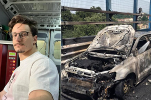 Una foto di Fulvio Filace e dell'auto distrutta dall'esplosione