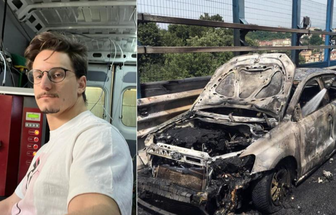 Una foto di Fulvio Filace e dell’auto distrutta dall’esplosione