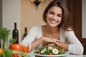 Vegenuary, una donna sorride ha davanti a se un piatto di insalata