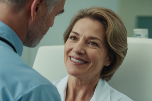 menopausa, una donna durante una visita medica sorride al dottore che la sta rassicurando