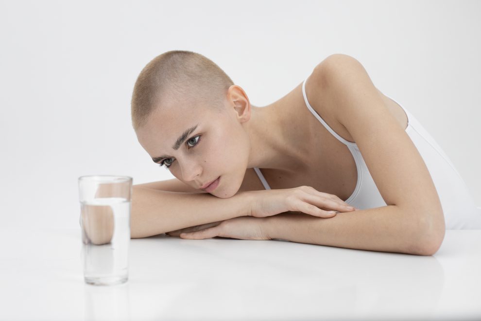 DCA, donna con capelli rasati e una canotta bianca, appoggiata su un tavolo guarda attraverso un bicchiere d'acqua